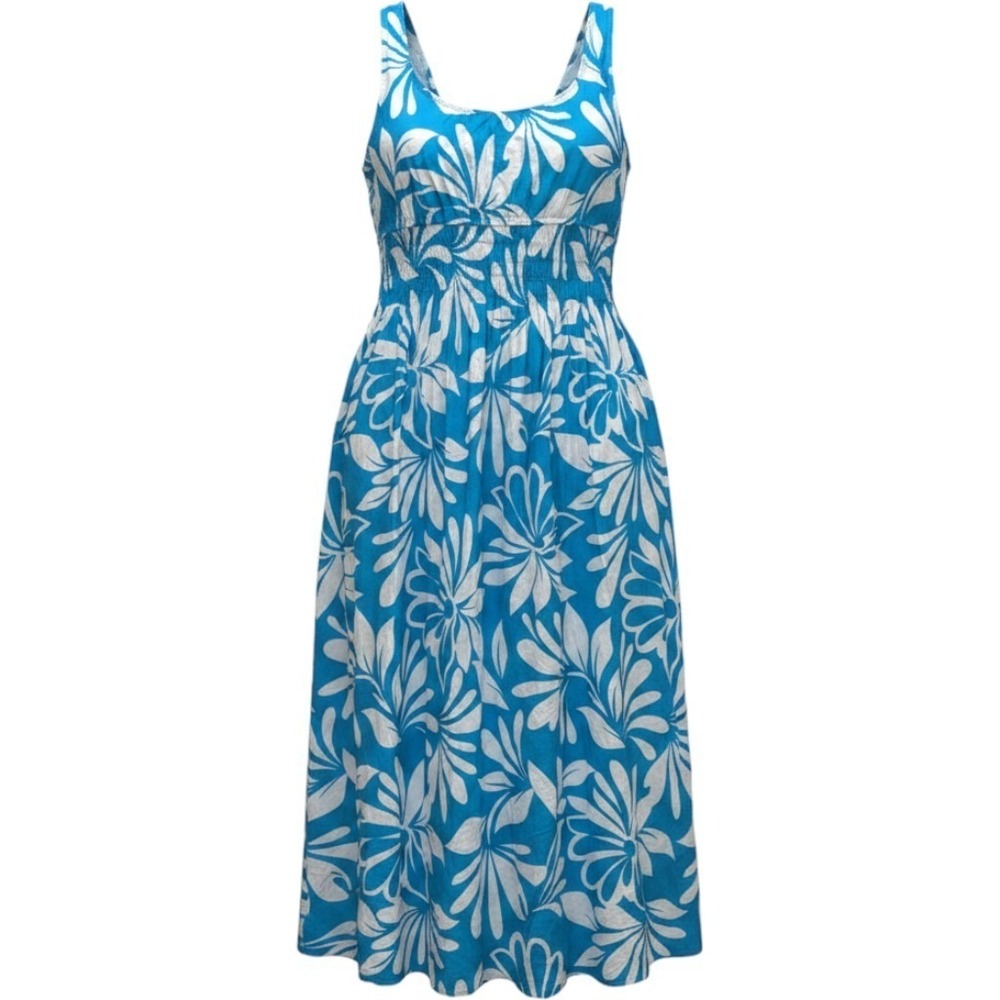 GAP Maxi Dress Womens XL Blue White Floral Cotton Smocked Waist Pocket SummerSun